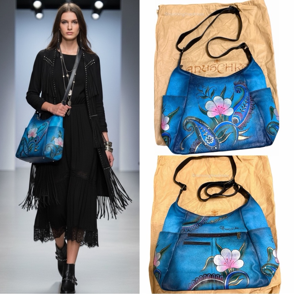 NEW Anuschka Hand Painted Large Multi Pocket Hobo Handbag Denim Paisley Floral - Picture 3 of 16